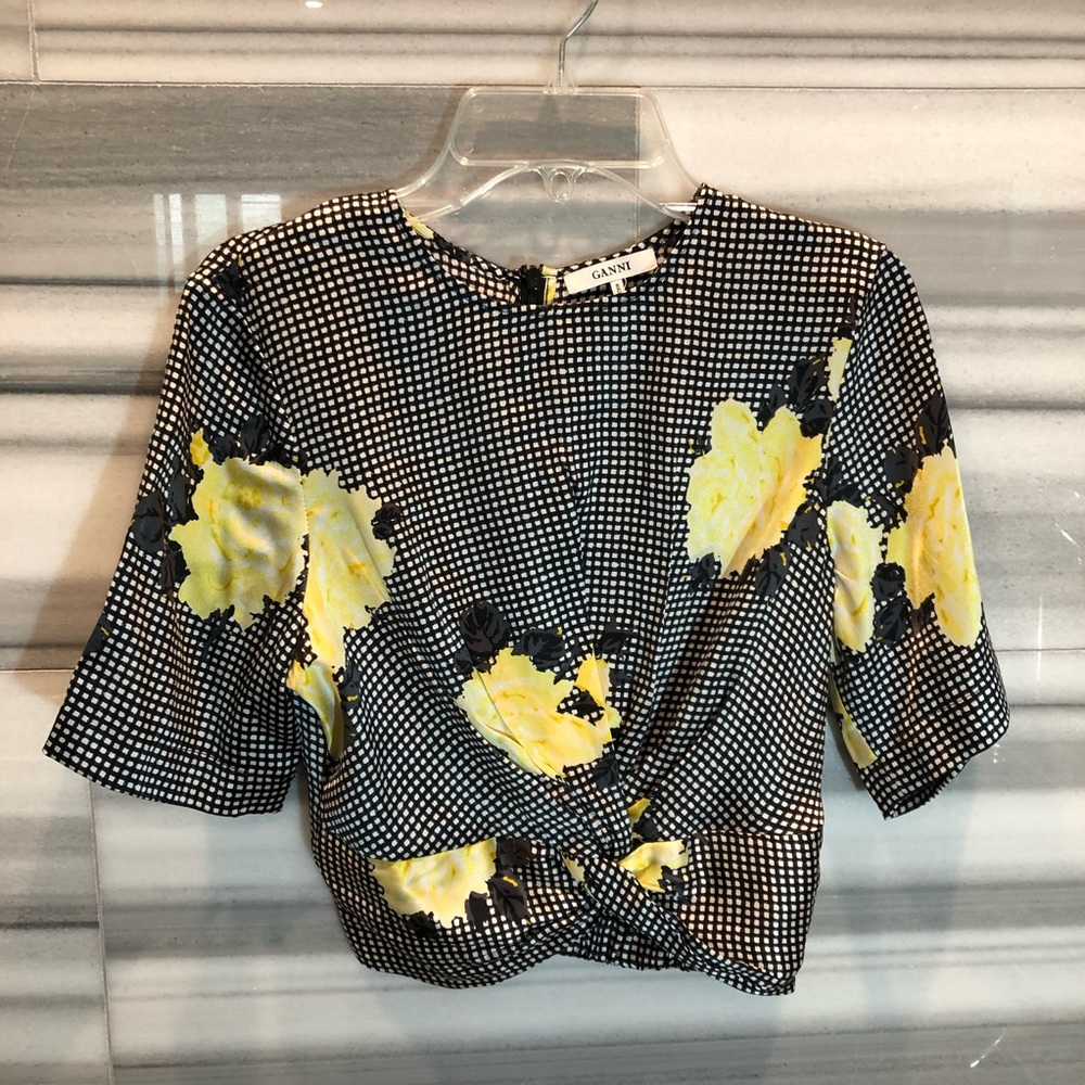 GANNI Calla Floral Plaid Silk-blend Twist Crop Top - Picture 3 of 7